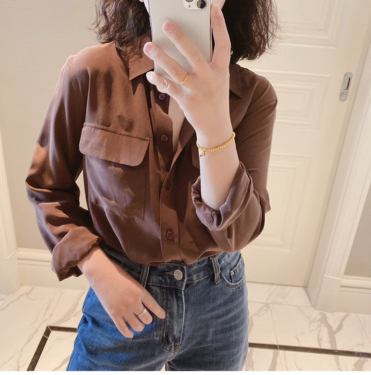 Luxury 100% Mulberry Silk Button-Down Shirt: Classic Long Sleeve Silk Blouse with Double Pockets - Premium Heavyweight Silk Top for Office & Casual - Available in 12 Vibrant Colors