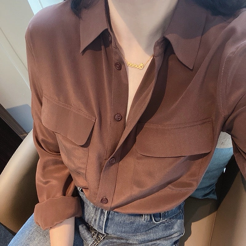 Luxury 100% Mulberry Silk Button-Down Shirt: Classic Long Sleeve Silk Blouse with Double Pockets - Premium Heavyweight Silk Top for Office & Casual - Available in 12 Vibrant Colors