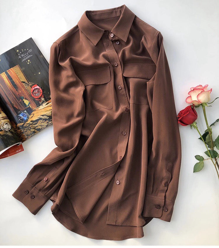 Luxury 100% Mulberry Silk Button-Down Shirt: Classic Long Sleeve Silk Blouse with Double Pockets - Premium Heavyweight Silk Top for Office & Casual - Available in 12 Vibrant Colors