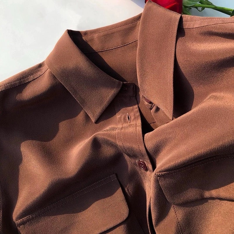Luxury 100% Mulberry Silk Button-Down Shirt: Classic Long Sleeve Silk Blouse with Double Pockets - Premium Heavyweight Silk Top for Office & Casual - Available in 12 Vibrant Colors