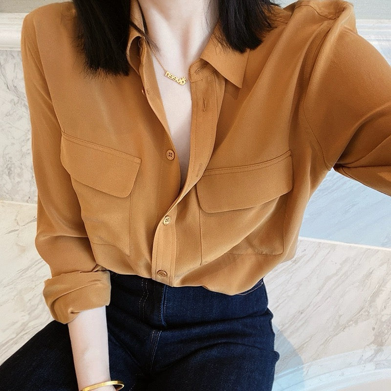 Luxury 100% Mulberry Silk Button-Down Shirt: Classic Long Sleeve Silk Blouse with Double Pockets - Premium Heavyweight Silk Top for Office & Casual - Available in 12 Vibrant Colors