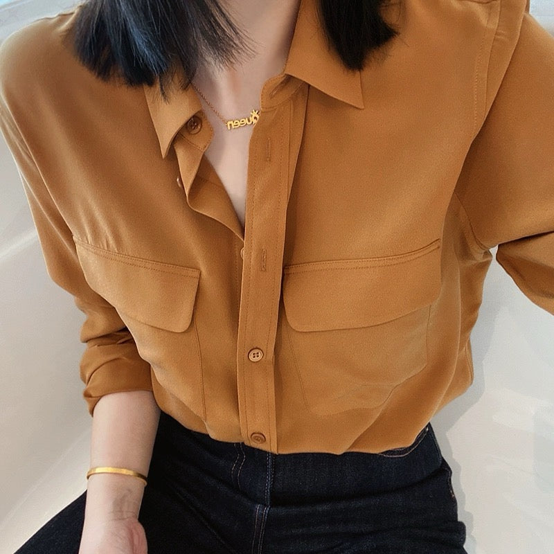 Luxury 100% Mulberry Silk Button-Down Shirt: Classic Long Sleeve Silk Blouse with Double Pockets - Premium Heavyweight Silk Top for Office & Casual - Available in 12 Vibrant Colors