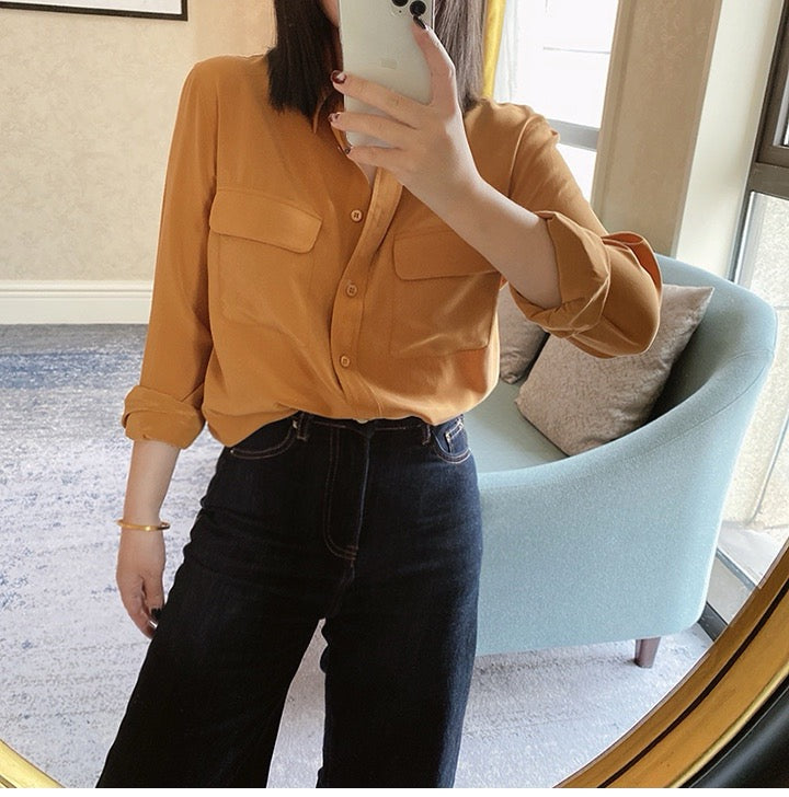 Luxury 100% Mulberry Silk Button-Down Shirt: Classic Long Sleeve Silk Blouse with Double Pockets - Premium Heavyweight Silk Top for Office & Casual - Available in 12 Vibrant Colors