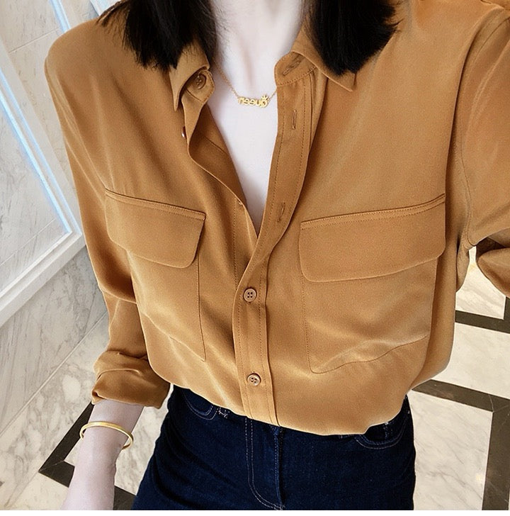Luxury 100% Mulberry Silk Button-Down Shirt: Classic Long Sleeve Silk Blouse with Double Pockets - Premium Heavyweight Silk Top for Office & Casual - Available in 12 Vibrant Colors
