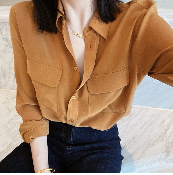 Luxury 100% Mulberry Silk Button-Down Shirt: Classic Long Sleeve Silk Blouse with Double Pockets - Premium Heavyweight Silk Top for Office & Casual - Available in 12 Vibrant Colors