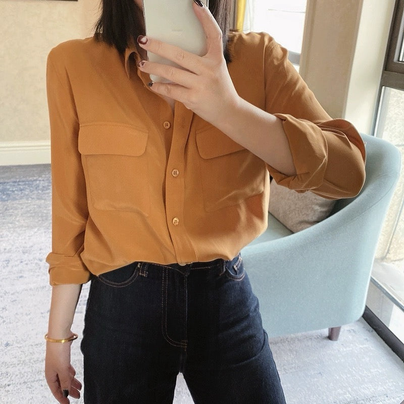 Luxury 100% Mulberry Silk Button-Down Shirt: Classic Long Sleeve Silk Blouse with Double Pockets - Premium Heavyweight Silk Top for Office & Casual - Available in 12 Vibrant Colors