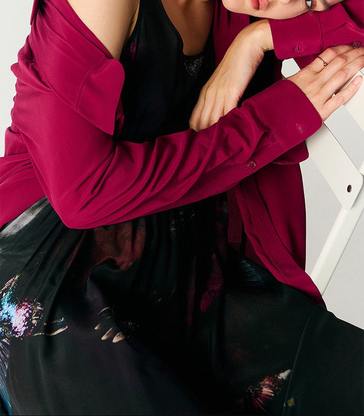 Luxury 100% Mulberry Silk Button-Down Shirt: Classic Long Sleeve Silk Blouse with Double Pockets - Premium Heavyweight Silk Top for Office & Casual - Available in 12 Vibrant Colors
