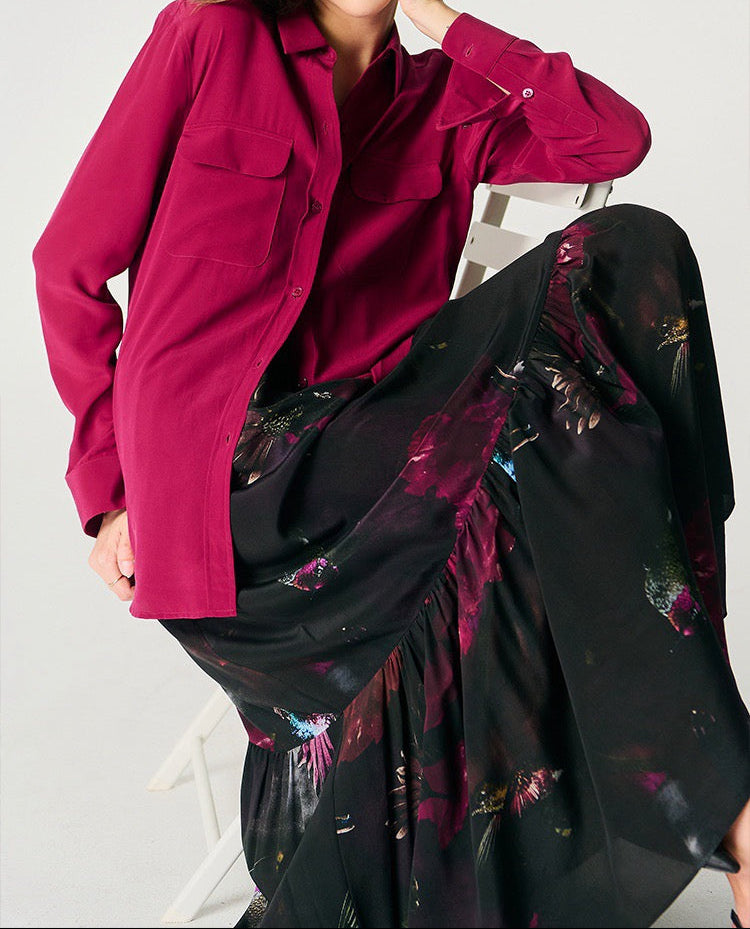 Luxury 100% Mulberry Silk Button-Down Shirt: Classic Long Sleeve Silk Blouse with Double Pockets - Premium Heavyweight Silk Top for Office & Casual - Available in 12 Vibrant Colors