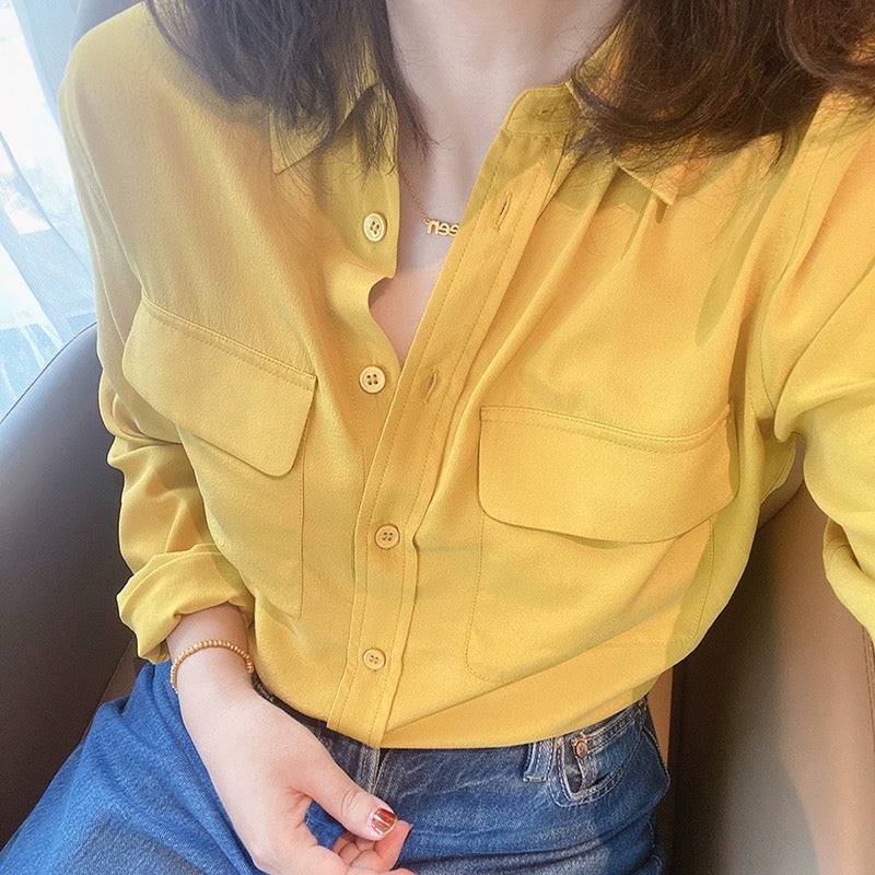 Luxury 100% Mulberry Silk Button-Down Shirt: Classic Long Sleeve Silk Blouse with Double Pockets - Premium Heavyweight Silk Top for Office & Casual - Available in 12 Vibrant Colors