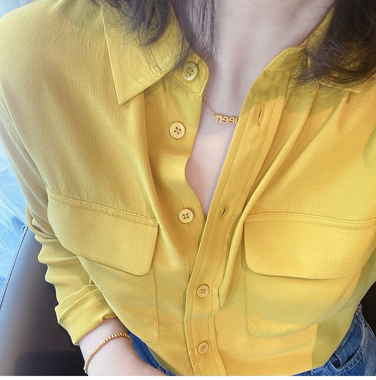 Luxury 100% Mulberry Silk Button-Down Shirt: Classic Long Sleeve Silk Blouse with Double Pockets - Premium Heavyweight Silk Top for Office & Casual - Available in 12 Vibrant Colors