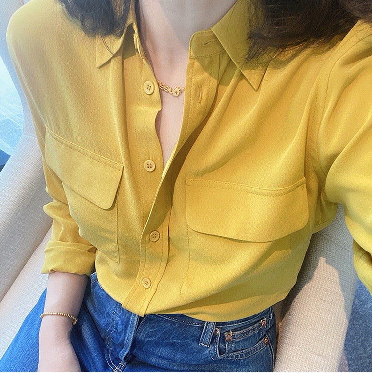 Luxury 100% Mulberry Silk Button-Down Shirt: Classic Long Sleeve Silk Blouse with Double Pockets - Premium Heavyweight Silk Top for Office & Casual - Available in 12 Vibrant Colors