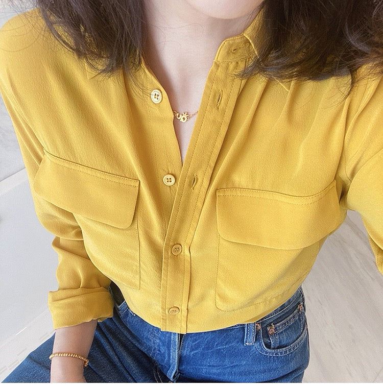 Luxury 100% Mulberry Silk Button-Down Shirt: Classic Long Sleeve Silk Blouse with Double Pockets - Premium Heavyweight Silk Top for Office & Casual - Available in 12 Vibrant Colors