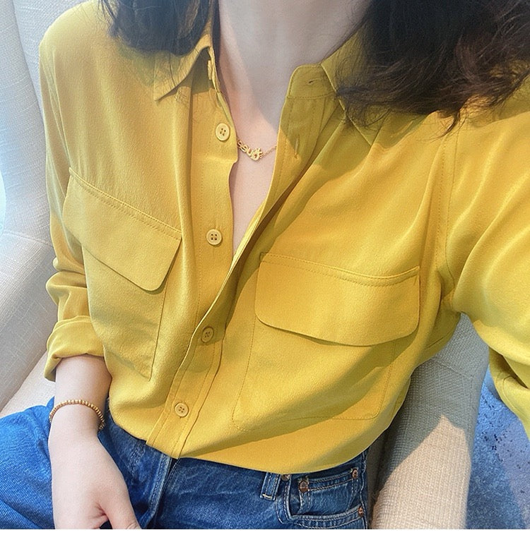 Luxury 100% Mulberry Silk Button-Down Shirt: Classic Long Sleeve Silk Blouse with Double Pockets - Premium Heavyweight Silk Top for Office & Casual - Available in 12 Vibrant Colors
