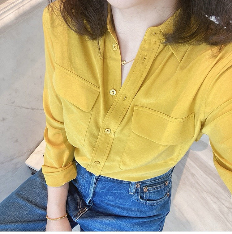 Luxury 100% Mulberry Silk Button-Down Shirt: Classic Long Sleeve Silk Blouse with Double Pockets - Premium Heavyweight Silk Top for Office & Casual - Available in 12 Vibrant Colors