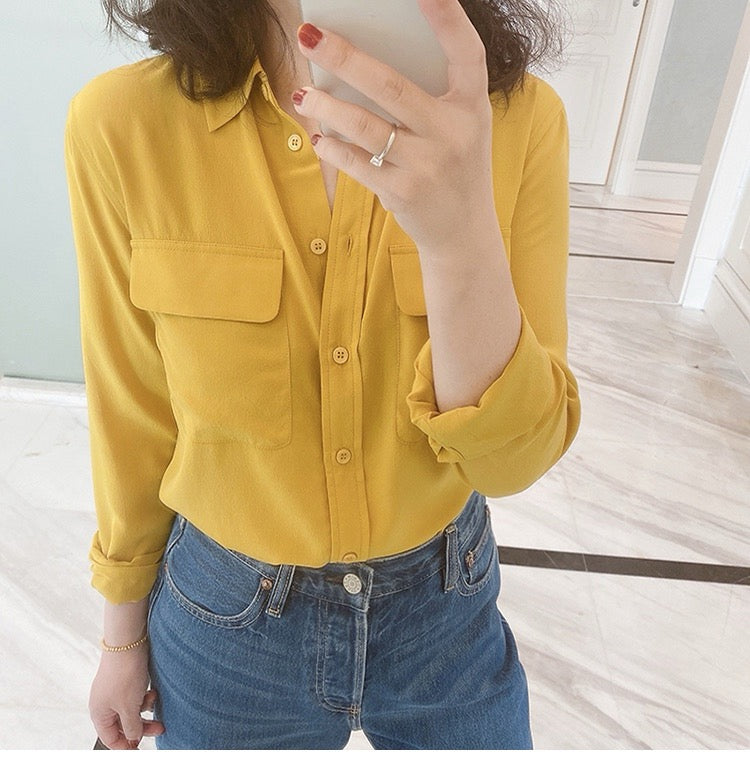 Luxury 100% Mulberry Silk Button-Down Shirt: Classic Long Sleeve Silk Blouse with Double Pockets - Premium Heavyweight Silk Top for Office & Casual - Available in 12 Vibrant Colors