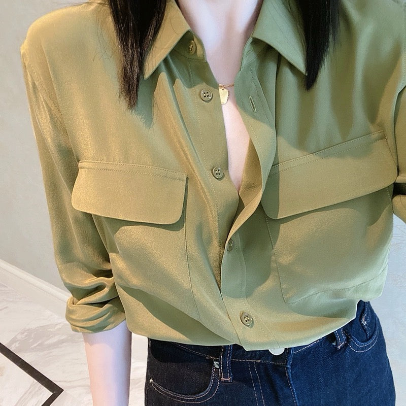 Luxury 100% Mulberry Silk Button-Down Shirt: Classic Long Sleeve Silk Blouse with Double Pockets - Premium Heavyweight Silk Top for Office & Casual - Available in 12 Vibrant Colors