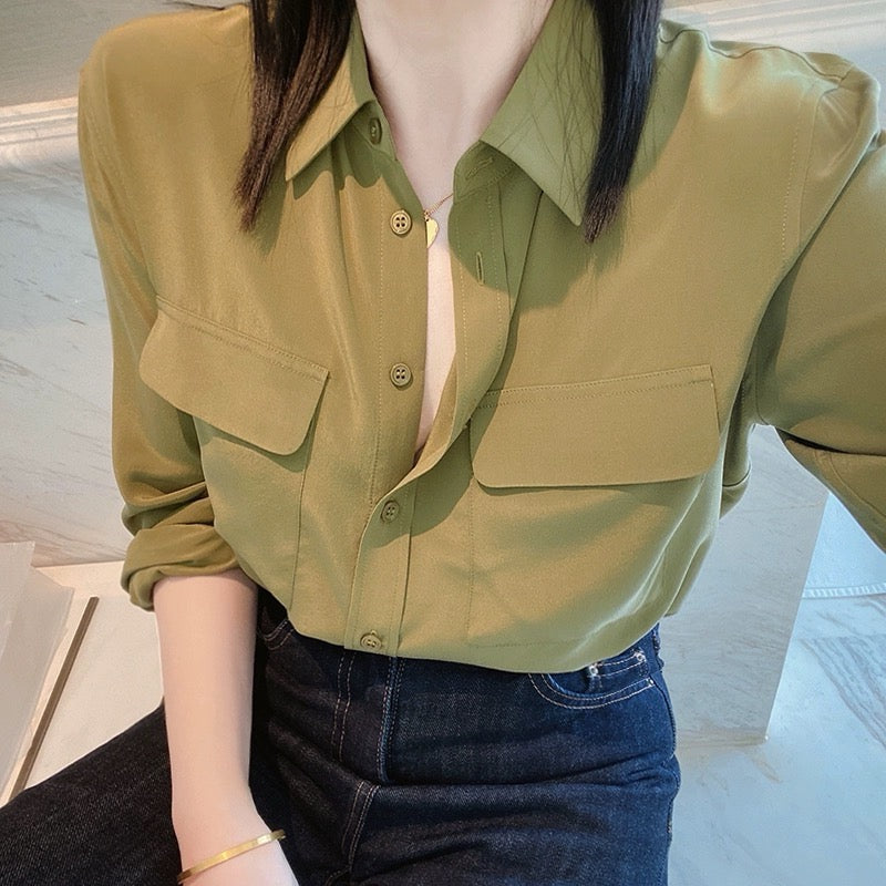 Luxury 100% Mulberry Silk Button-Down Shirt: Classic Long Sleeve Silk Blouse with Double Pockets - Premium Heavyweight Silk Top for Office & Casual - Available in 12 Vibrant Colors