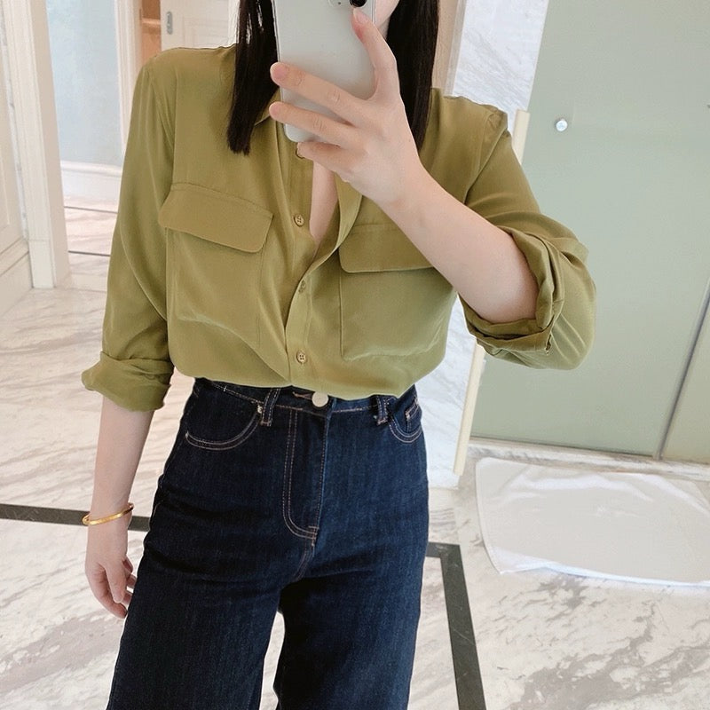Luxury 100% Mulberry Silk Button-Down Shirt: Classic Long Sleeve Silk Blouse with Double Pockets - Premium Heavyweight Silk Top for Office & Casual - Available in 12 Vibrant Colors