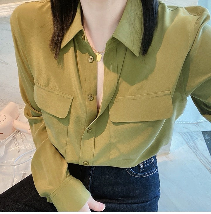 Luxury 100% Mulberry Silk Button-Down Shirt: Classic Long Sleeve Silk Blouse with Double Pockets - Premium Heavyweight Silk Top for Office & Casual - Available in 12 Vibrant Colors