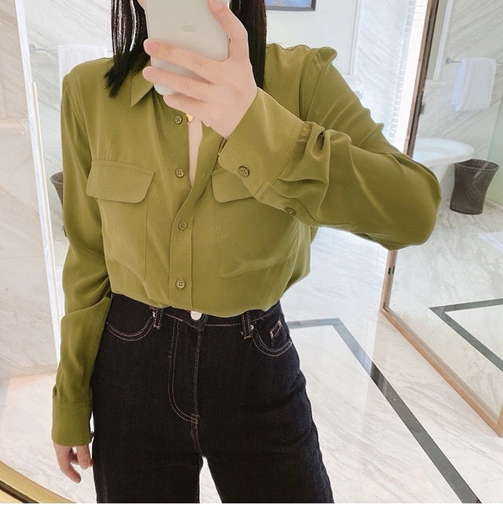 Luxury 100% Mulberry Silk Button-Down Shirt: Classic Long Sleeve Silk Blouse with Double Pockets - Premium Heavyweight Silk Top for Office & Casual - Available in 12 Vibrant Colors