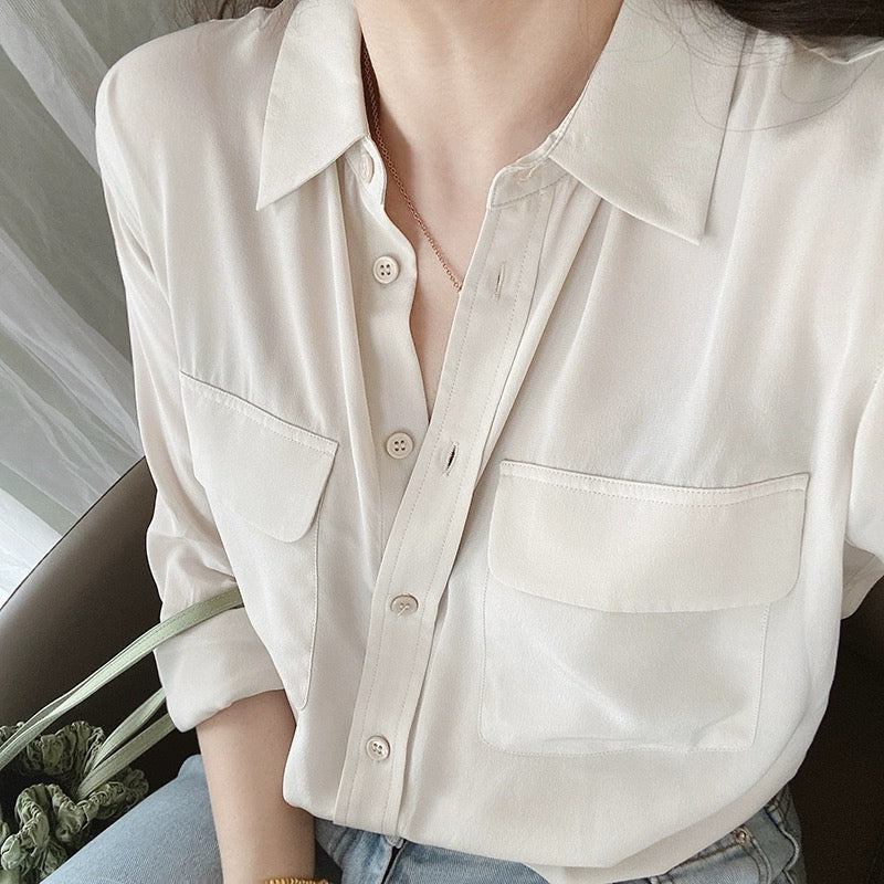Luxury 100% Mulberry Silk Button-Down Shirt: Classic Long Sleeve Silk Blouse with Double Pockets - Premium Heavyweight Silk Top for Office & Casual - Available in 12 Vibrant Colors