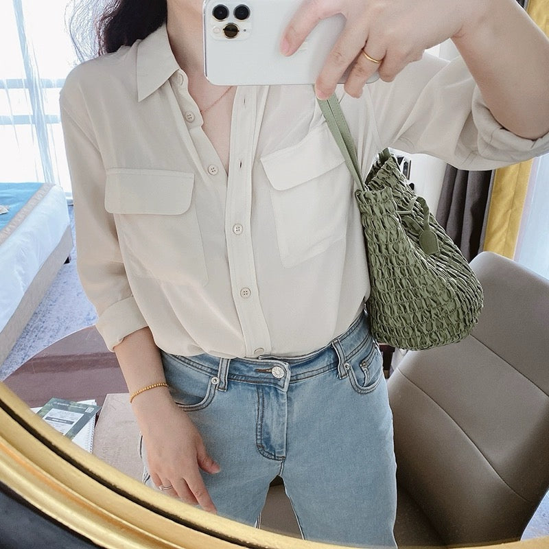 Luxury 100% Mulberry Silk Button-Down Shirt: Classic Long Sleeve Silk Blouse with Double Pockets - Premium Heavyweight Silk Top for Office & Casual - Available in 12 Vibrant Colors