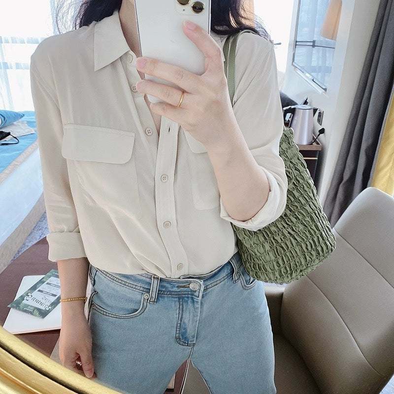 Luxury 100% Mulberry Silk Button-Down Shirt: Classic Long Sleeve Silk Blouse with Double Pockets - Premium Heavyweight Silk Top for Office & Casual - Available in 12 Vibrant Colors