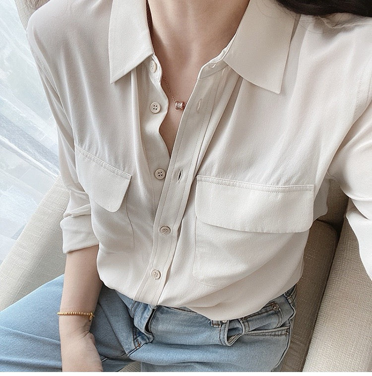 Luxury 100% Mulberry Silk Button-Down Shirt: Classic Long Sleeve Silk Blouse with Double Pockets - Premium Heavyweight Silk Top for Office & Casual - Available in 12 Vibrant Colors