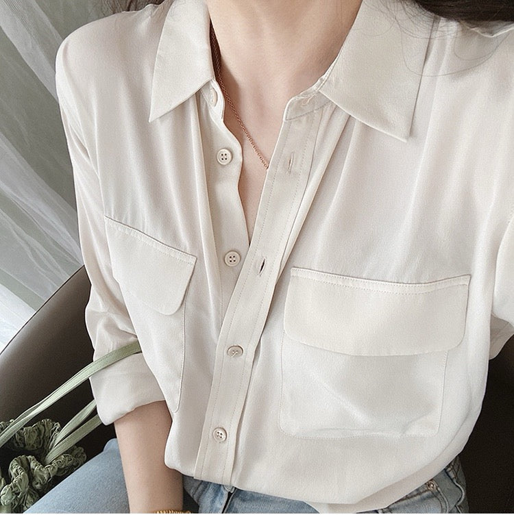 Luxury 100% Mulberry Silk Button-Down Shirt: Classic Long Sleeve Silk Blouse with Double Pockets - Premium Heavyweight Silk Top for Office & Casual - Available in 12 Vibrant Colors