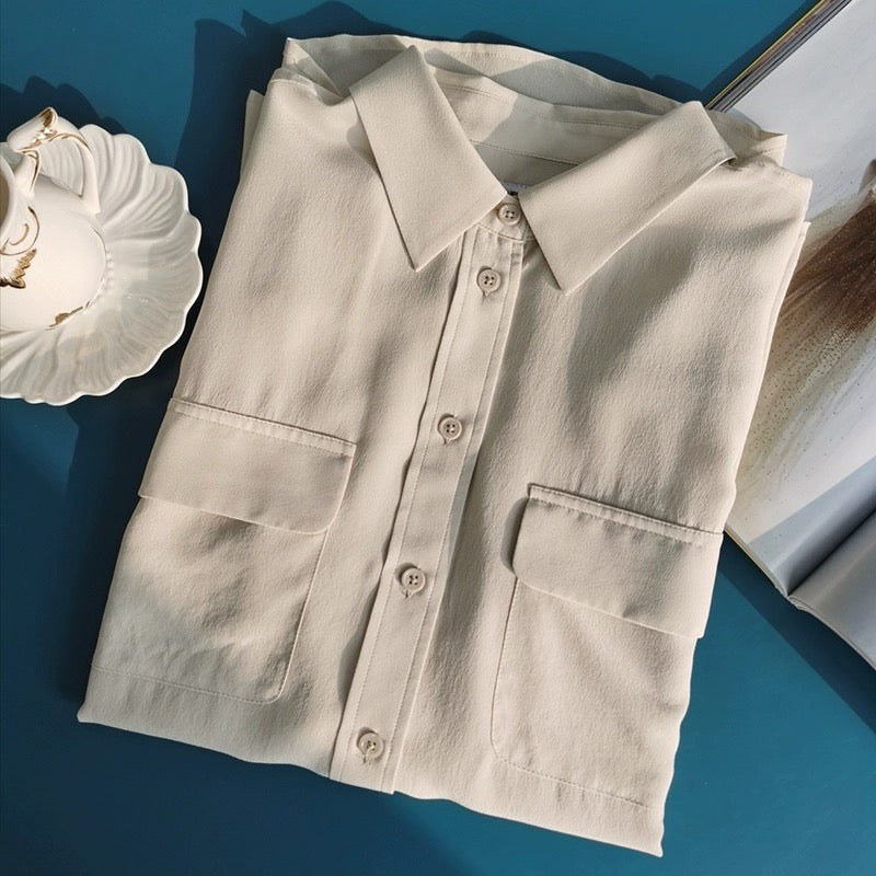 Luxury 100% Mulberry Silk Button-Down Shirt: Classic Long Sleeve Silk Blouse with Double Pockets - Premium Heavyweight Silk Top for Office & Casual - Available in 12 Vibrant Colors