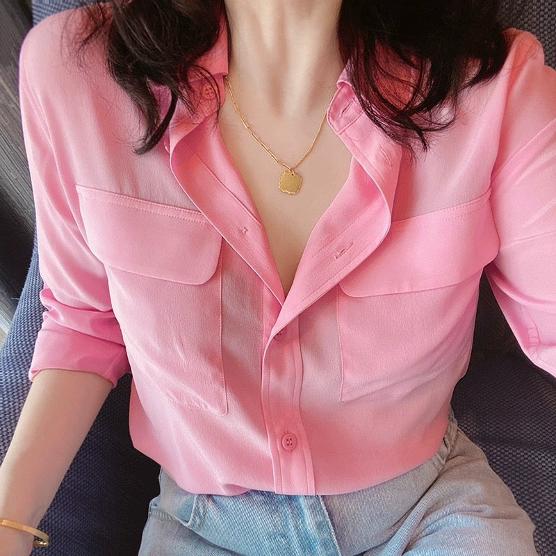 Luxury 100% Mulberry Silk Button-Down Shirt: Classic Long Sleeve Silk Blouse with Double Pockets - Premium Heavyweight Silk Top for Office & Casual - Available in 12 Vibrant Colors