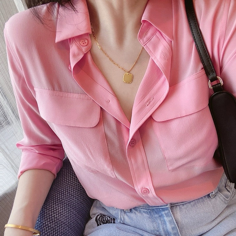 Luxury 100% Mulberry Silk Button-Down Shirt: Classic Long Sleeve Silk Blouse with Double Pockets - Premium Heavyweight Silk Top for Office & Casual - Available in 12 Vibrant Colors