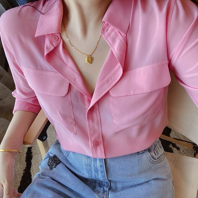 Luxury 100% Mulberry Silk Button-Down Shirt: Classic Long Sleeve Silk Blouse with Double Pockets - Premium Heavyweight Silk Top for Office & Casual - Available in 12 Vibrant Colors