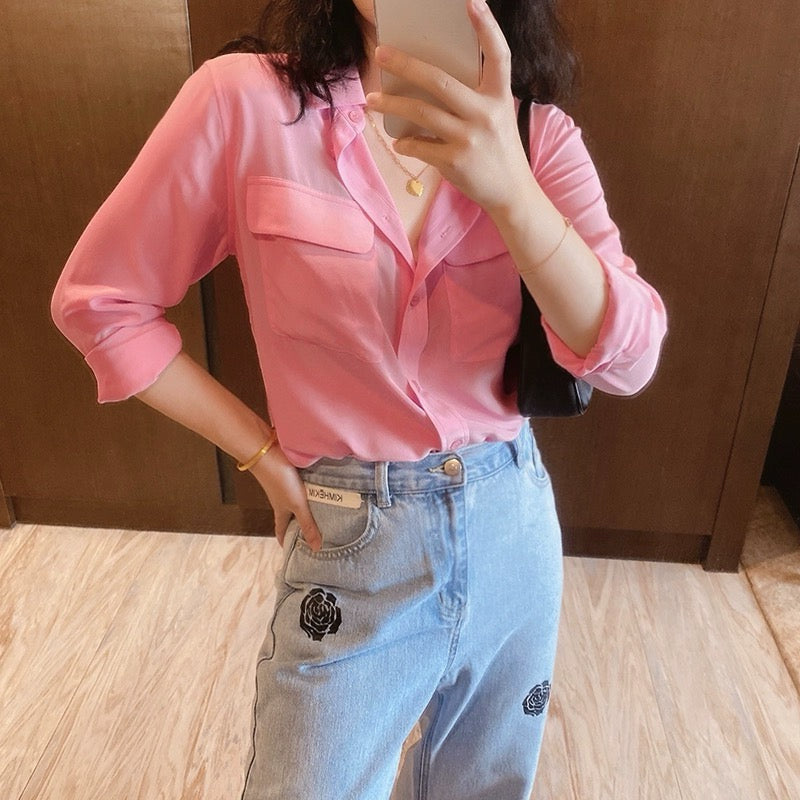 Luxury 100% Mulberry Silk Button-Down Shirt: Classic Long Sleeve Silk Blouse with Double Pockets - Premium Heavyweight Silk Top for Office & Casual - Available in 12 Vibrant Colors