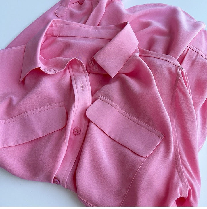 Luxury 100% Mulberry Silk Button-Down Shirt: Classic Long Sleeve Silk Blouse with Double Pockets - Premium Heavyweight Silk Top for Office & Casual - Available in 12 Vibrant Colors