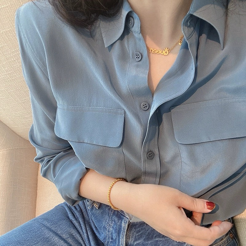 Luxury 100% Mulberry Silk Button-Down Shirt: Classic Long Sleeve Silk Blouse with Double Pockets - Premium Heavyweight Silk Top for Office & Casual - Available in 12 Vibrant Colors