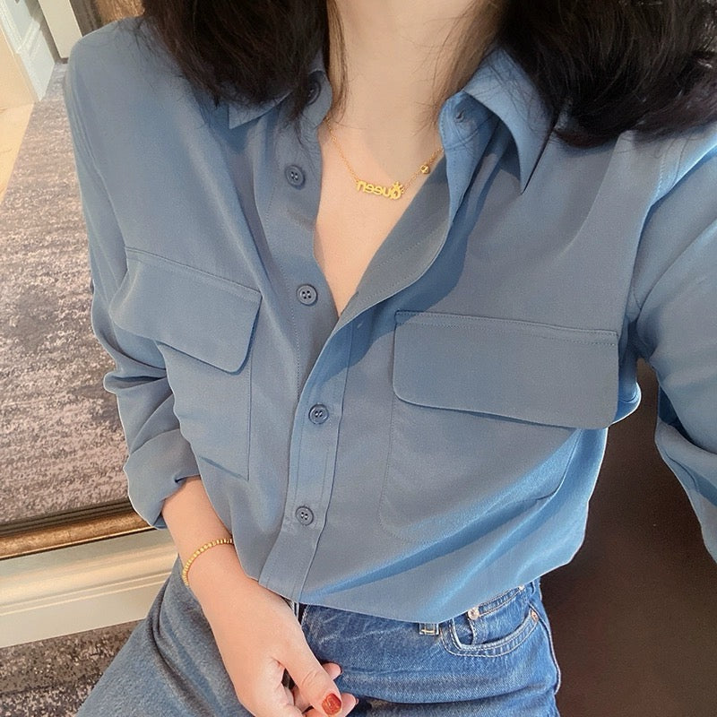 Luxury 100% Mulberry Silk Button-Down Shirt: Classic Long Sleeve Silk Blouse with Double Pockets - Premium Heavyweight Silk Top for Office & Casual - Available in 12 Vibrant Colors