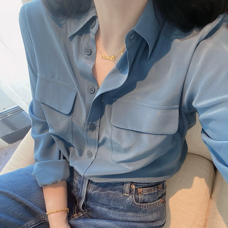 Luxury 100% Mulberry Silk Button-Down Shirt: Classic Long Sleeve Silk Blouse with Double Pockets - Premium Heavyweight Silk Top for Office & Casual - Available in 12 Vibrant Colors