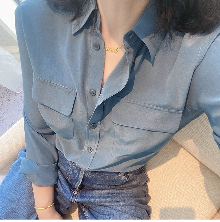 Luxury 100% Mulberry Silk Button-Down Shirt: Classic Long Sleeve Silk Blouse with Double Pockets - Premium Heavyweight Silk Top for Office & Casual - Available in 12 Vibrant Colors