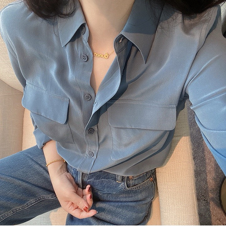 Luxury 100% Mulberry Silk Button-Down Shirt: Classic Long Sleeve Silk Blouse with Double Pockets - Premium Heavyweight Silk Top for Office & Casual - Available in 12 Vibrant Colors