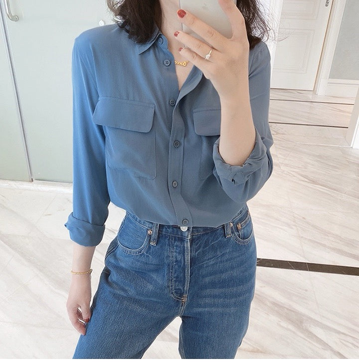Luxury 100% Mulberry Silk Button-Down Shirt: Classic Long Sleeve Silk Blouse with Double Pockets - Premium Heavyweight Silk Top for Office & Casual - Available in 12 Vibrant Colors