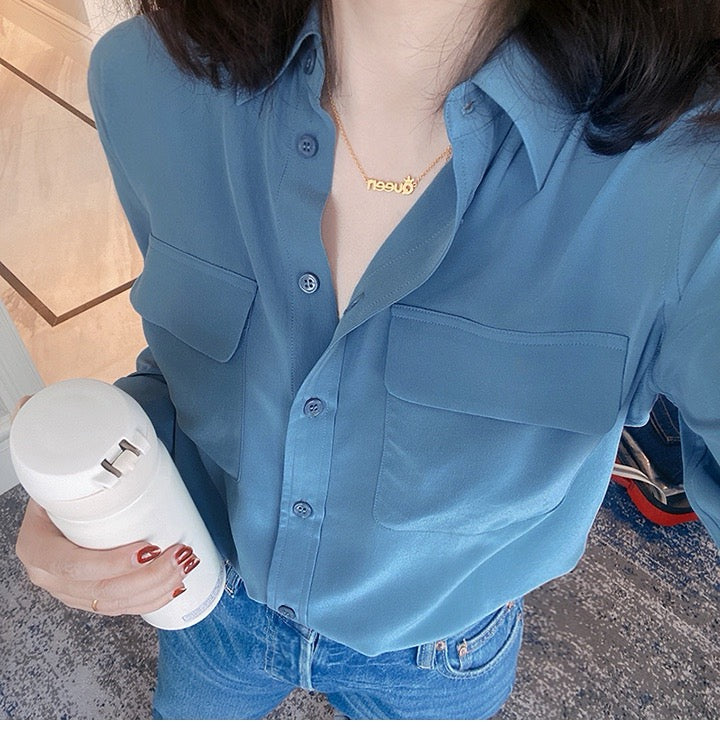 Luxury 100% Mulberry Silk Button-Down Shirt: Classic Long Sleeve Silk Blouse with Double Pockets - Premium Heavyweight Silk Top for Office & Casual - Available in 12 Vibrant Colors