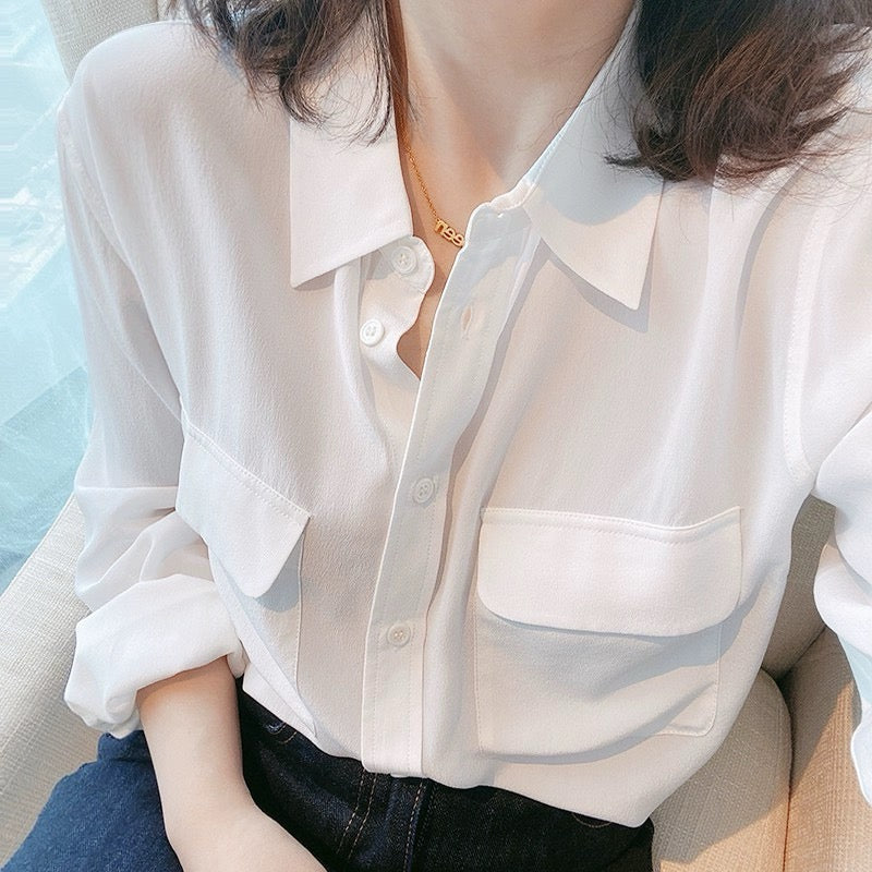 Luxury 100% Mulberry Silk Button-Down Shirt: Classic Long Sleeve Silk Blouse with Double Pockets - Premium Heavyweight Silk Top for Office & Casual - Available in 12 Vibrant Colors