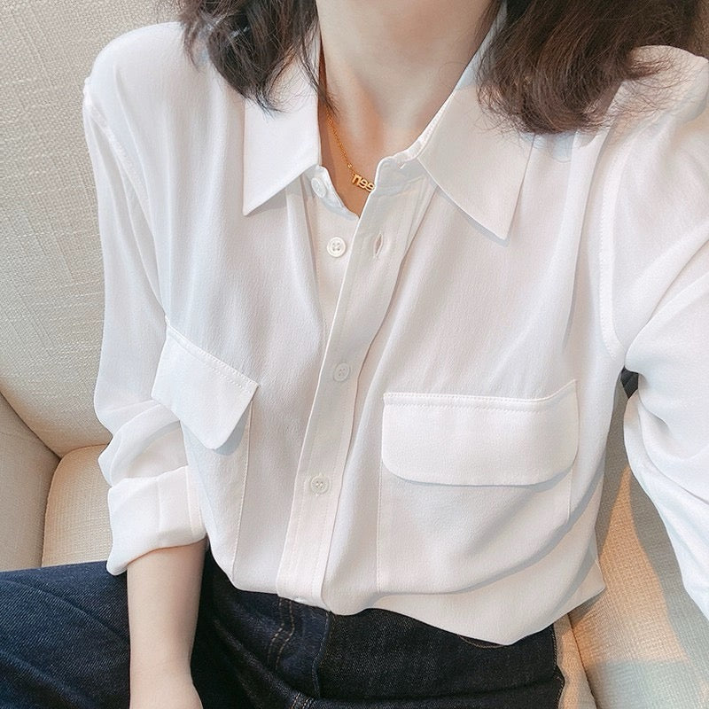Luxury 100% Mulberry Silk Button-Down Shirt: Classic Long Sleeve Silk Blouse with Double Pockets - Premium Heavyweight Silk Top for Office & Casual - Available in 12 Vibrant Colors