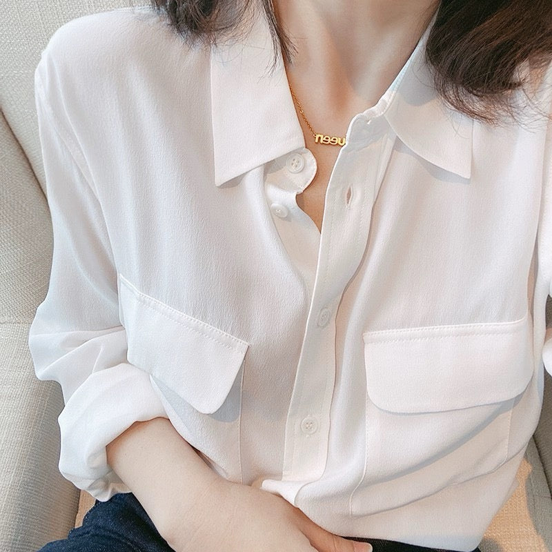 Luxury 100% Mulberry Silk Button-Down Shirt: Classic Long Sleeve Silk Blouse with Double Pockets - Premium Heavyweight Silk Top for Office & Casual - Available in 12 Vibrant Colors