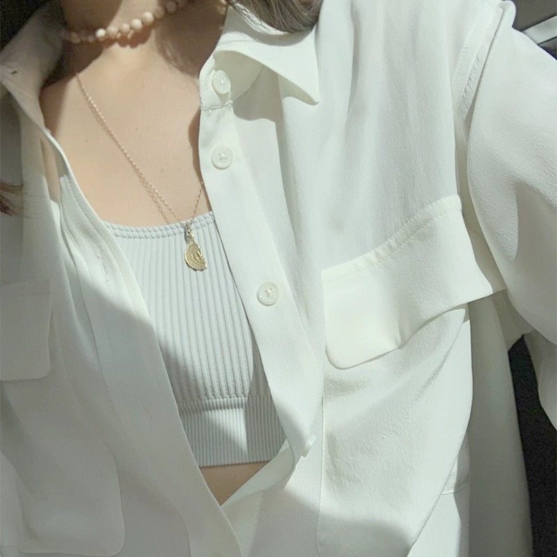 Luxury 100% Mulberry Silk Button-Down Shirt: Classic Long Sleeve Silk Blouse with Double Pockets - Premium Heavyweight Silk Top for Office & Casual - Available in 12 Vibrant Colors