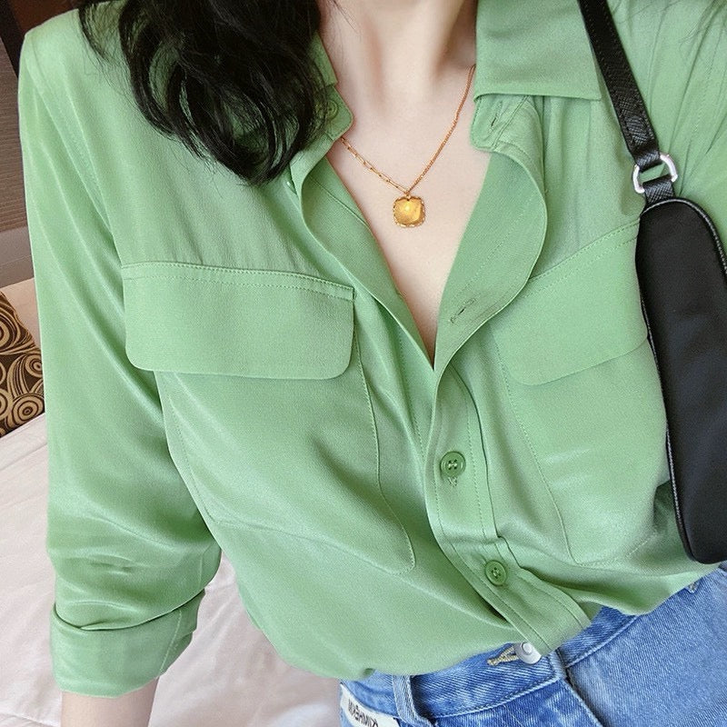 Luxury 100% Mulberry Silk Button-Down Shirt: Classic Long Sleeve Silk Blouse with Double Pockets - Premium Heavyweight Silk Top for Office & Casual - Available in 12 Vibrant Colors