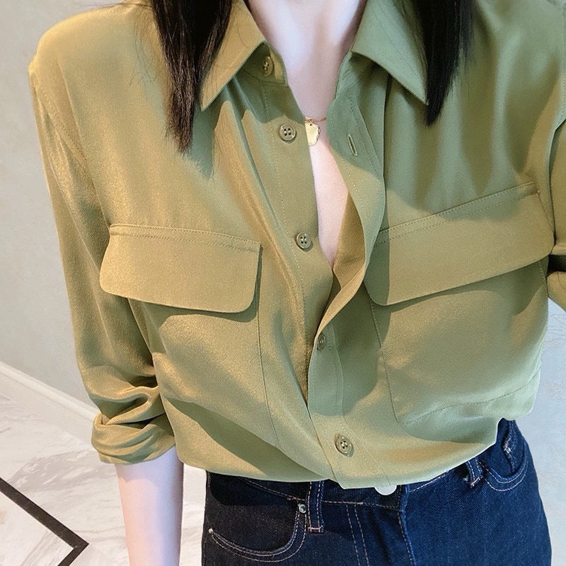 Luxury 100% Mulberry Silk Button-Down Shirt: Classic Long Sleeve Silk Blouse with Double Pockets - Premium Heavyweight Silk Top for Office & Casual - Available in 12 Vibrant Colors