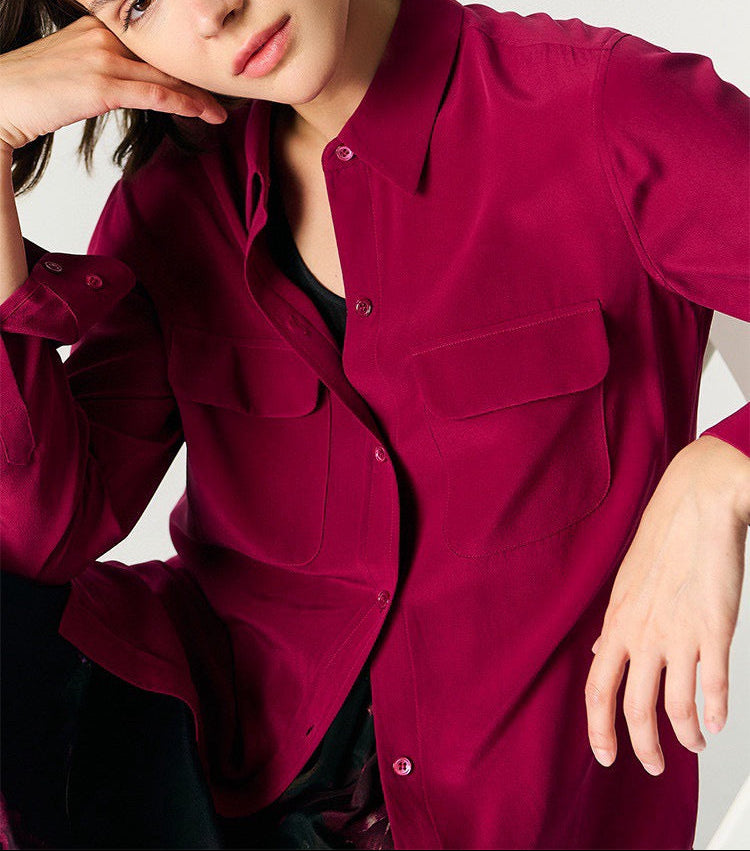 Luxury 100% Mulberry Silk Button-Down Shirt: Classic Long Sleeve Silk Blouse with Double Pockets - Premium Heavyweight Silk Top for Office & Casual - Available in 12 Vibrant Colors