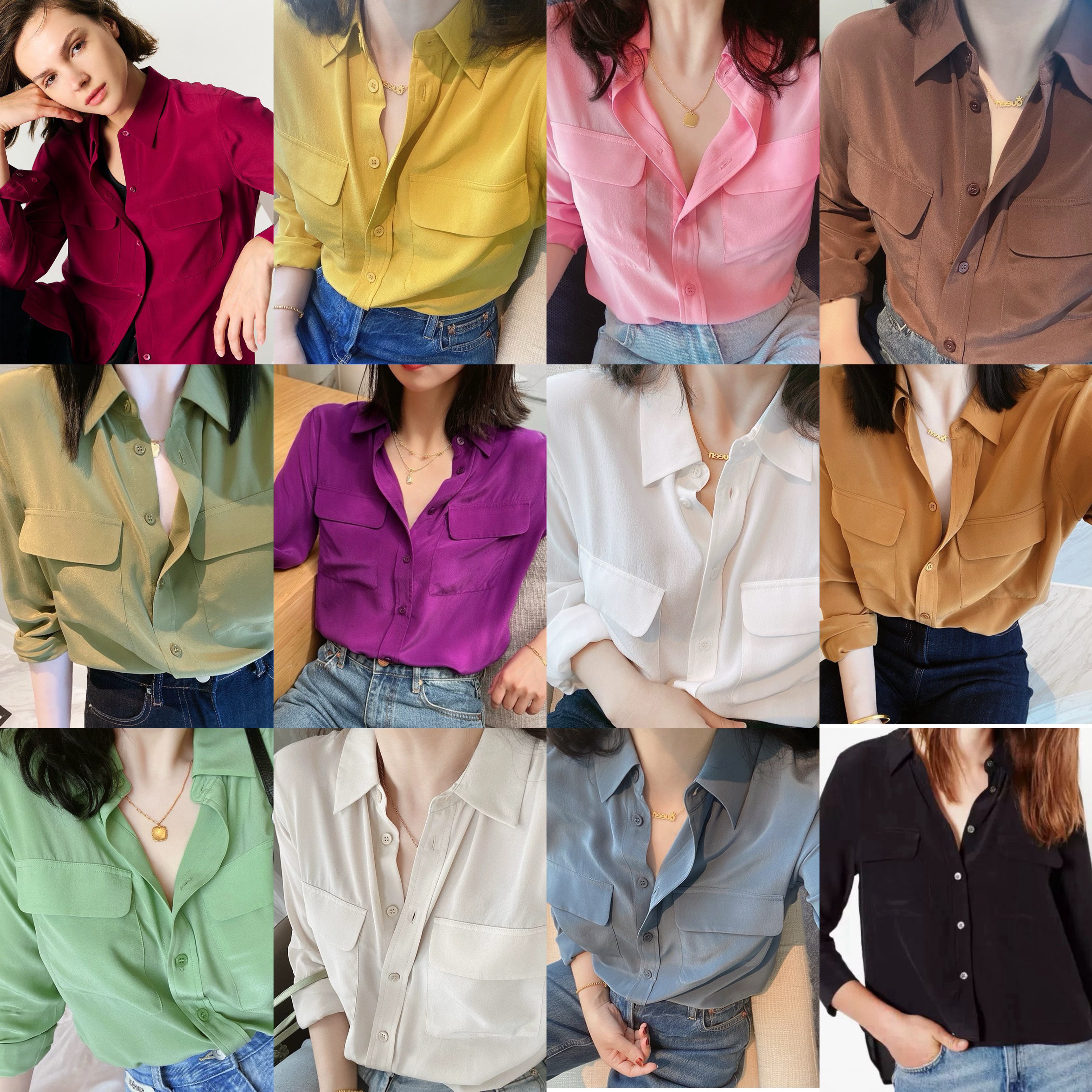 Luxury 100% Mulberry Silk Button-Down Shirt: Classic Long Sleeve Silk Blouse with Double Pockets - Premium Heavyweight Silk Top for Office & Casual - Available in 12 Vibrant Colors